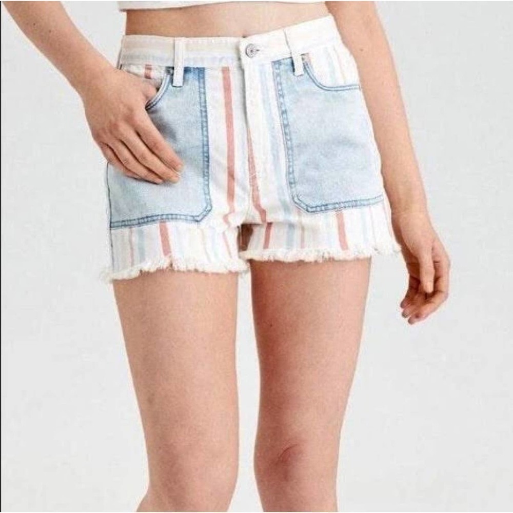 NEW! AMERICAN EAGLE striped deep pocket cut off denim jean shorts 8.
